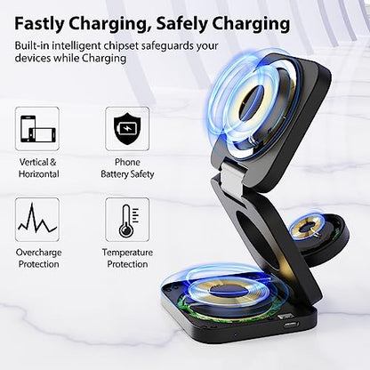 KU XIU X55 Foldable 3 in 1 Charging Station for Apple Devices, 15W Fast Magnetic Wireless Charger, Magent Travel Charger Stand for iPhone 16 15 14 13 12 Series, 5W for Apple Watch, AirPods-Black - color: Black