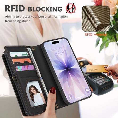 for iPhone 17 Wallet Case, Detachable Magnetic Phone Case,Faux Leather Strap Wallet,with RFID Blocking，Zipper Card Holder，Shoulder Straps(Black) - color: Black, size: iPhone 17