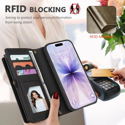 for iPhone 17 Wallet Case, Detachable Magnetic Phone Case,Faux Leather Strap Wallet,with RFID Blocking，Zipper Card Holder，Shoulder Straps(Black) - color: Black, size: iPhone 17