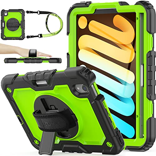 SEYMAC stock Case for iPad mini 7 (A17 Pro) 2024/ Mini 6 8.3'' with Screen Protector Pencil Holder [360 Rotating Hand Strap] &Stand, Drop-Proof Case for iPad mini 7th/6th Generation 8.3", Green+Black - color: Green+Black
