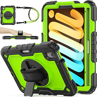 SEYMAC stock Case for iPad mini 7 (A17 Pro) 2024/ Mini 6 8.3'' with Screen Protector Pencil Holder [360 Rotating Hand Strap] &Stand, Drop-Proof Case for iPad mini 7th/6th Generation 8.3", Green+Black - color: Green+Black
