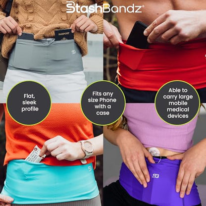 StashBandz Running Belt, Fanny Pack, & Money Belt, 4-Pocket Phone Holder - color: Black, size: X-Small