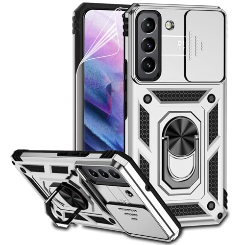 for Samsung Galaxy S22 Case with Camera Lens Cover HD Screen Protector, Dual Layer Military-Grade Drop Tested Magnetic Ring Holder Kickstand Protective Phone Case for Samsung Galaxy S22 5G (Silver) - color: Silver with camera cover Military-Grade 2nd gen
