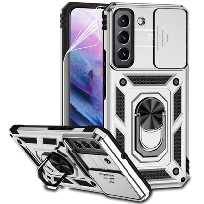 for Samsung Galaxy S22 Case with Camera Lens Cover HD Screen Protector, Dual Layer Military-Grade Drop Tested Magnetic Ring Holder Kickstand Protective Phone Case for Samsung Galaxy S22 5G (Silver) - color: Silver with camera cover Military-Grade 2nd gen