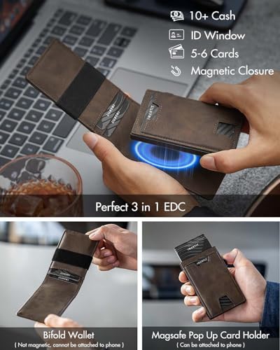 iwantit 3 in 1 MagSafe Wallet Men: Slim Bifold Money Clip + Smart Pop up Card Holder - Cash Strap, Men’s Minimalist Magnetic Wallet, ID Window, Premium Leather (Nubuck Brown) - color: Nubuck Brown