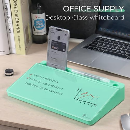 TOWON Compact Glass Desktop Whiteboard with Storage 12x7 in, Mint Green - color: Mint
