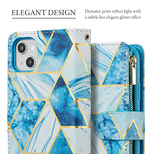 UEEBAI Case for iPhone 13 6.1 inch, PU Leather Wallet Retro Shockproof Flip Case Cover with Card Slots Stand Function, Magnetic Closure - Blue# - color: Marble Blue