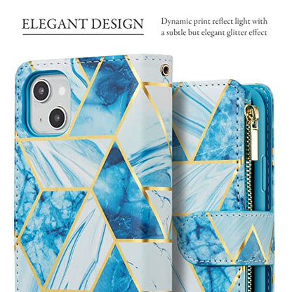 UEEBAI Case for iPhone 13 6.1 inch, PU Leather Wallet Retro Shockproof Flip Case Cover with Card Slots Stand Function, Magnetic Closure - Blue# - color: Marble Blue