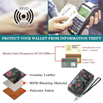 GOIACII Women's Wallet RFID Blocking Leather Wristlet - color: B02 Butterflies Dragonflies