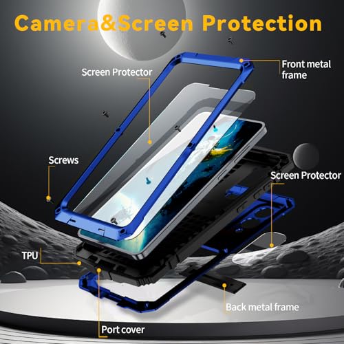 Simicoo for Samsung Galaxy S25 FE Metal Military Heavy Duty Case, Metallic Bumper Shockproof Dustproof Rugged Tough with Stand Screen Protector Camera Control Full Body Drop Protective Cover (Blue) - color: Blue