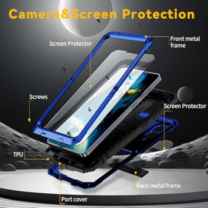 Simicoo for Samsung Galaxy S25 FE Metal Military Heavy Duty Case, Metallic Bumper Shockproof Dustproof Rugged Tough with Stand Screen Protector Camera Control Full Body Drop Protective Cover (Blue) - color: Blue