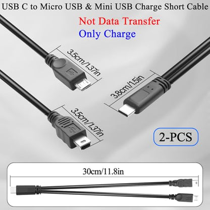 QIANRENON USB C to Micro USB & Mini USB 1 in 2 Charging Short Cable, 5V 3A, 30cm/11.8in, 2Pcs