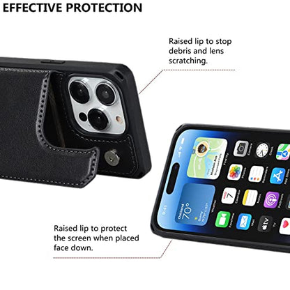 iCoverCase Compatible with iPhone 14 Pro Wallet Phone Case with Card Holder for Women, RFID Blocking Embossed PU Leather Wrist Strap Case 6.1 Inch (Macaron Black) - color: P-Black