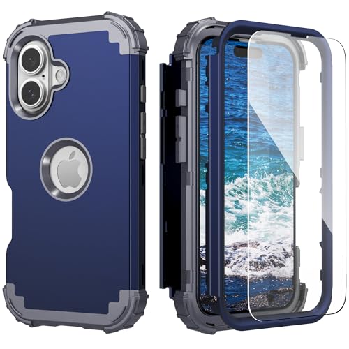 IDweel for iPhone 16 Case with Screen Protector, 3 in 1 Shockproof Slim Fit Hybrid Heavy Duty Hard PC Cover Soft Silicone Bumper Full Body Anti-Fingerprint Case, Blue - color: Blue
