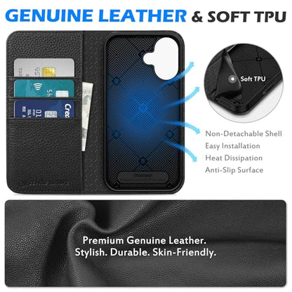 SHIELDON Genuine Leather Case Wallet for iPhone 16 6.1" 2024, Pebbled Black | Flip Magnetic Cover, RFID Blocking, Credit Card Holder, Kickstand, Book Design, Shock-Absorbent Phone Cover - color: Pebbled Black