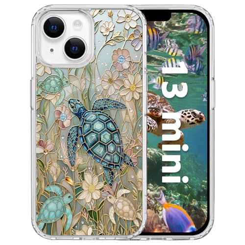 for iPhone 13 Mini 5.4" Magnetic Case[Compatible with MagSafe] Aesthetic Vintage Stained Glass Bloom Flower Design, Slim Fit Hard PC Back Shockproof Cute Clear Phone Cover, Sea Turtle - color: Turtle Glass Flower, size: iPhone 13 Mini