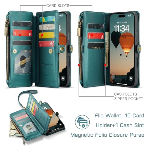 Defencase for iPhone 16 Pro Max Wallet Case with RFID Card Holder, Green | Durable Soft PU Leather, with Zipper Pocket, Wrist Strap, Fashion Snap Flip Phone Cases Cover with Stand for Women and Men - color: Blue Green