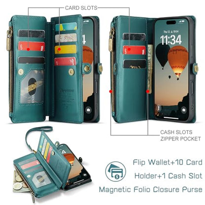 Defencase for iPhone 16 Pro Max Wallet Case with RFID Card Holder, Green | Durable Soft PU Leather, with Zipper Pocket, Wrist Strap, Fashion Snap Flip Phone Cases Cover with Stand for Women and Men - color: Blue Green