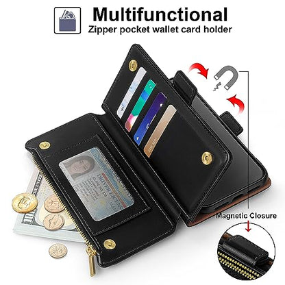 Antsturdy Compatible with Google Pixel 9 5G Wallet Case with Card Holder Women Men,Pixel 9 Pro Phone Case PU Leather Flip Protective Cover Wrist Strap Zipper Credit Card Slots RFID Blocking,Black - color: Black