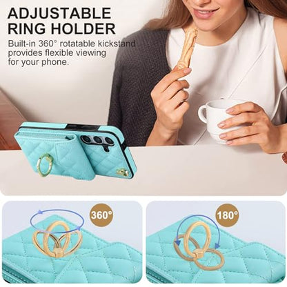 Asuwish Phone Case for Samsung Galaxy S24 5G Wallet Cover with Tempered Glass Screen Protector and Crossbody Wrist Strap Ring RFID Blocking Credit Card Holder Leather Cell S 24 24S G5 Women Girls Teal - color: Teal