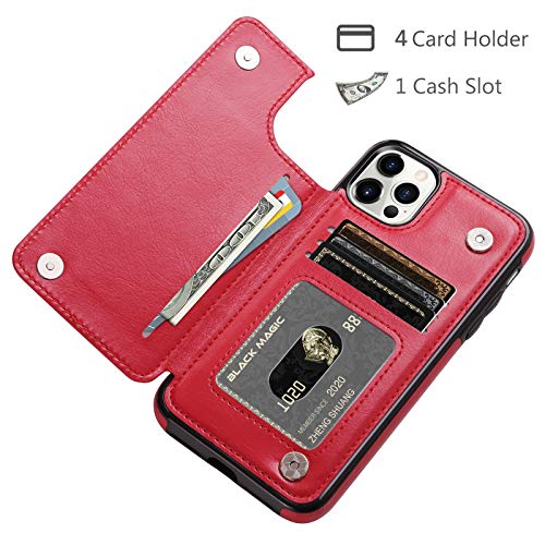 HianDier Wallet Case Compatible with iPhone 12 Pro MAX Case 5G 6.7-inch Slim Protective with Credit Card Slot Holder Flip Folio Soft PU Leather Magnetic Closure Cover, Red - color: Red