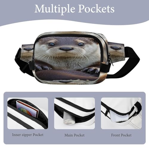 Cute Otter Fanny Packs for Women Men Double Layer Fashion Waist Pack Adjustable Belt Bag with Pockets Small Crossbody Bags for Running Hiking Workout Travel Daily Use