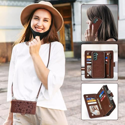 Asuwish Phone Case for Samsung Galaxy S22 5G Zipper Wallet Detachable Cell Cover with Tempered Glass Screen Protector Crossbody Lanyard Strap Flower Card Holder S 22 22S 4G G5 6.1 inch Women Brown - color: Brown