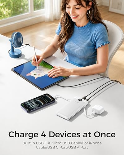 VEGER Portable Charger for iPhone, Power Bank Built in Cables and Wall Plug - color: B White