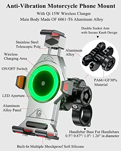 BRCOVAN Aluminum Alloy Motorcycle Phone Mount with Qi 15W Wireless Charger - color: SILVER