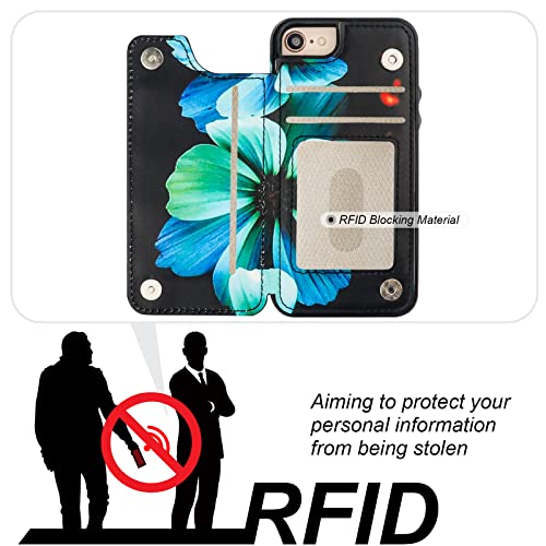 HAOPINSH iPhone SE(2022)/SE(2020)/7/8 Wallet Case, Blue Florals Flip PU Leather Kickstand Card Slots, Double Magnetic Clasp, Shockproof 4.7 - color: Blue Florals