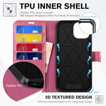 TUCCH Wallet Case for iPhone 15 (6.1") 2023, Flip Stand, Hot Pink | RFID Blocking, 4 Card Holders, Kickstand, PU Leather, Shockproof TPU Shell, Magnetic Closure, Protective Folio Cover - color: Hot Pink