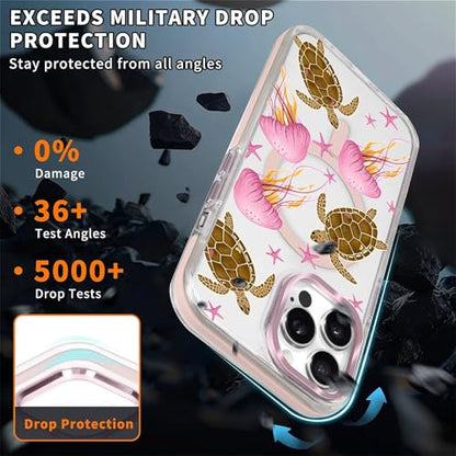 VisEnt Clear Case for iPhone 14 Pro Max, Magnetic Phone Case, Transparent Slim Cover, Military Grade Protection, Shockproof, Anti-Yellowing, Scratch Resistant, Pink Jellyfish Sea Turtle - color: Pink Jellyfish Sea Turtle, size: Iphone 14 Pro Max