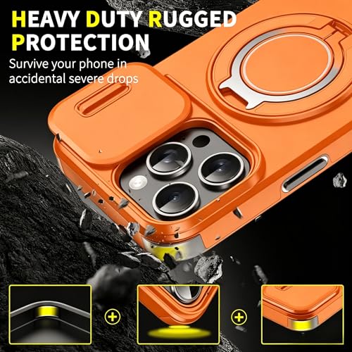 Rugged Shockproof Case for iPhone 17 Pro Max, Heavy Duty Protective Phone Case with Slide Camera Cover, 360° Rotatable Ring Stand & Magnetic Car Mount Compatible (Yellow,iPhone 17 Pro Max) - color: Yellow