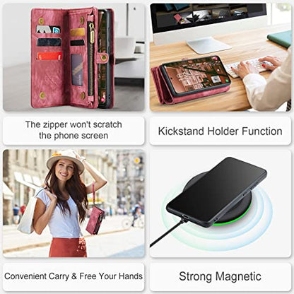 Compatible with Samsung Galaxy S23 Wallet Case,Zipper Folio Leather Case Wallet with Card Holder Strap Wristlet Detachable Magnetic Protective Back Case for Galaxy S23 5G 6.1 Inch(Red) - color: Red, size: S23 5G 6.1 Inch