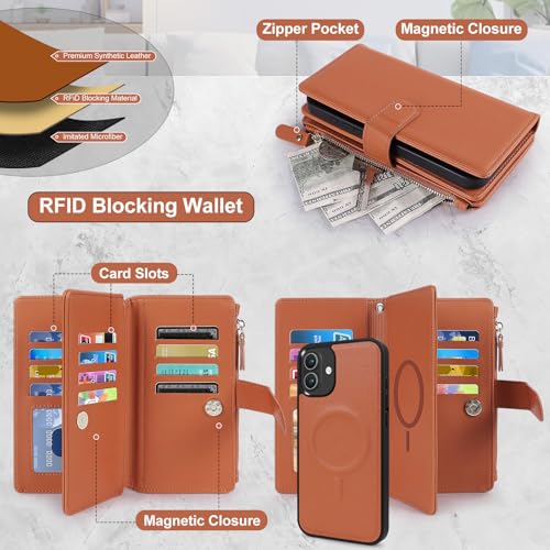 Magnetic Case for iPhone 16 Wallet Compatible with Magsafe RFID Blocking Card Holder Detachable Phone Cover Kickstand Snap Strap Zipper Pocket PU Leather 6.1 inch (Brown) - color: Brown, size: iPhone 16