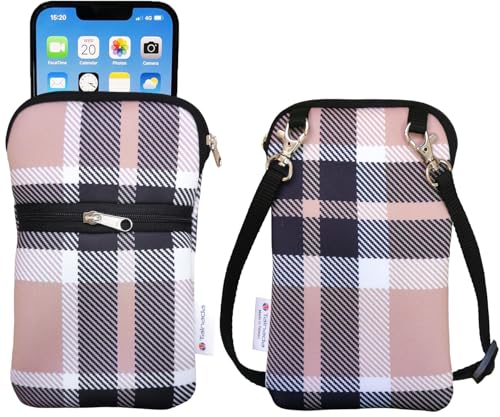 Tainada Neoprene 2-Zip Phone Pouch w/Crossbody, Neck Lanyard (Biege Plaid) | For Men/Women; Water-resistant neoprene material, shockproof, lightweight; Compatible with most of smartphones - color: Biege Plaid