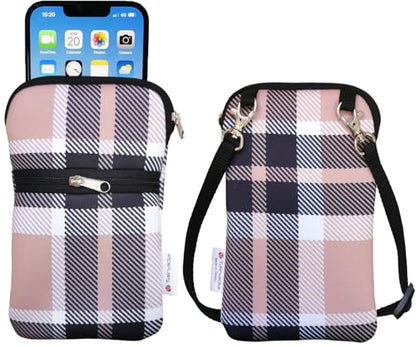 Tainada Neoprene 2-Zip Phone Pouch w/Crossbody, Neck Lanyard (Biege Plaid) | For Men/Women; Water-resistant neoprene material, shockproof, lightweight; Compatible with most of smartphones - color: Biege Plaid