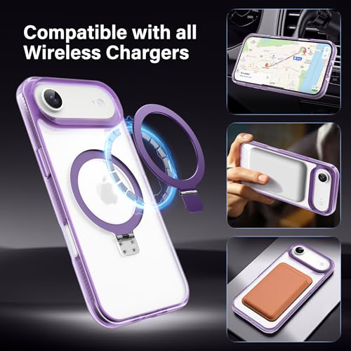 Magnetic Case for iPhone Air - [Built-in Invisible Stand] [Compatible with MagSafe] [Military Grade Drop Protection] Anti-Yellowing Hard Back Silicone Edge Cover, 6.5", Clear Purple - color: Clear Purple, size: iPhone Air 6.5''