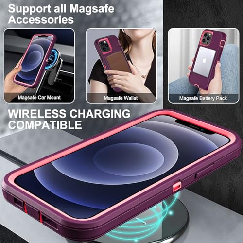 YKHJKLEC for iPhone 12/12 Pro Case, Compatible with Magsafe, Military Grade 3 in 1 Heavy Duty Shockproof/Drop Proof/Dust Proof with 2Pcs Tempered Glass Screen Protector (New-Purple/Pink) - color: New-Purple/Pink