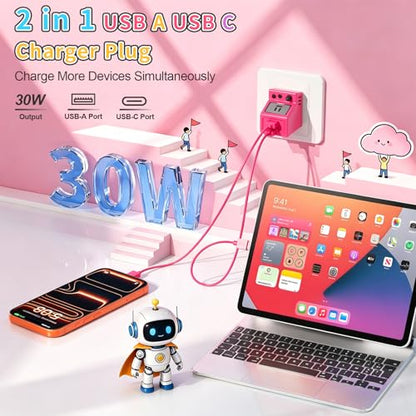 Aolcev for iPhone Charger 2 in 1 Dual USB A USB C Charger Block Retro 30W - color: Barbie Pink