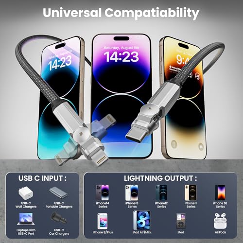 90 Degree USB C to Lightning Cable, Rotating Charger for iphone with 180° Rotating Head, 6FT MFi Fast Charger & Sync Data Type C to Lightning Right Angle Swivel Lightning Cable for iPhone 14 13 12 11