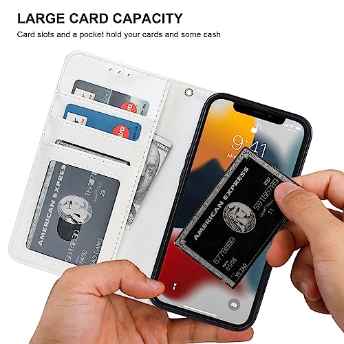 Bocasal Detachable Wallet Case Card Holder for iPhone 13, White | RFID Blocking Kickstand Card Slots Holder PU Leather Magnetic Shockproof Wrist Strap Removable Flip Protective Cover 6.1 inch - color: White