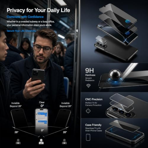 (2+2Pack) Galaxy S22 Privacy Screen Protector Tempered Glass, with 2 Pack Camera Lens Protector, 9H Hardness 2D Curved Full Coverage Bubble Free Support Fingerprint, for Galaxy S22 5G 6.1 Inch