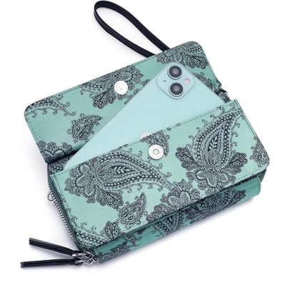 RFID Crossbody Wallet Wristlet Purse with Phone Pocket For Women Vegan Leather - color: Zi-paisley Qurquoise