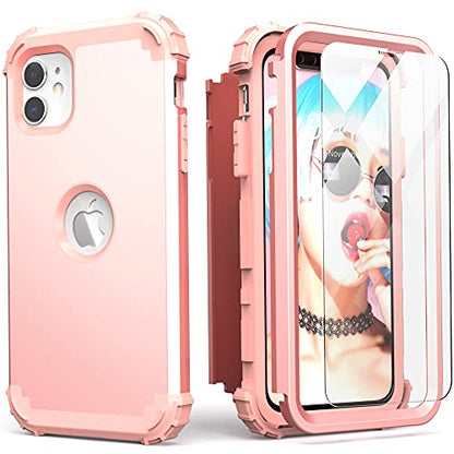 IDweel for iPhone 11 Case with Screen Protector(Tempered Glass), Hybrid 3 in 1 Shockproof Slim Fit Heavy Duty Protection Hard PC Cover Soft Silicone Bumper Full Body Case,Rose Gold - color: Rose Gold