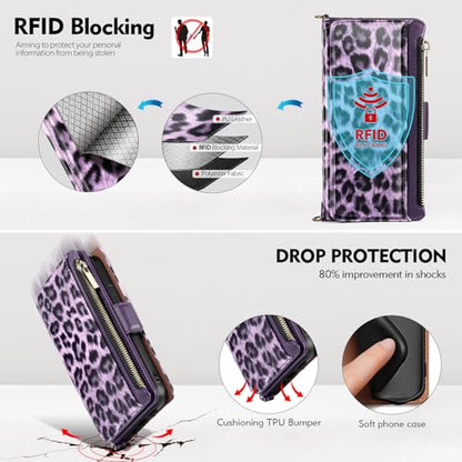 Antsturdy Crossbody Phone Wallet Case for iPhone 15 Pro Max,Leopard-Purple | RFID Blocking,PU Leather Flip Cover,Kickstand,with Credit Card Holder,Wrist Strap Lanyard & Handbag Purse,for Women & Men - color: (Crossbody) - Leopard-Purple