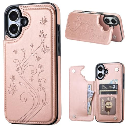Wallet Case for iPhone 16 Plus,Slim Protective case with Card Holder,Embossed Butterfly Premium PU Leather Kickstand Case with 1 Screen Protective Glass Cover 6.7" -Rose Gold - color: Rosegold-F, size: iphone 16 Plus 6.7"