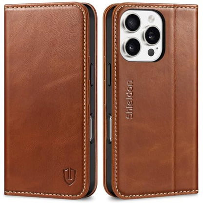 SHIELDON Genuine Leather Flip Wallet Case for iPhone 16 Pro, Retro Brown | RFID Blocking, Credit Card Holder, Magnetic Closure, Kickstand, Folio Design, Soft Shock-Absorbent Phone Cover - color: Retro Brown
