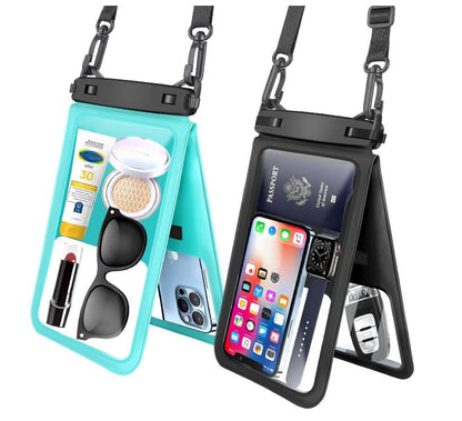 Large Waterproof Phone Pouch, Black+Green, 2-Pack Up to 10" | IPX8, Universal, Double-layered, Dry Bag with Lanyard, Beach Kayak Cruise Travel