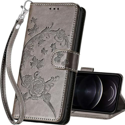 for iPhone 13/14 Wallet case, Gray Flower | 3 Card Holders, Kickstand, Shockproof TPU Shell, PU Leather, Magnetic Closure, Protective Flip Folio Cover, Women - color: 9